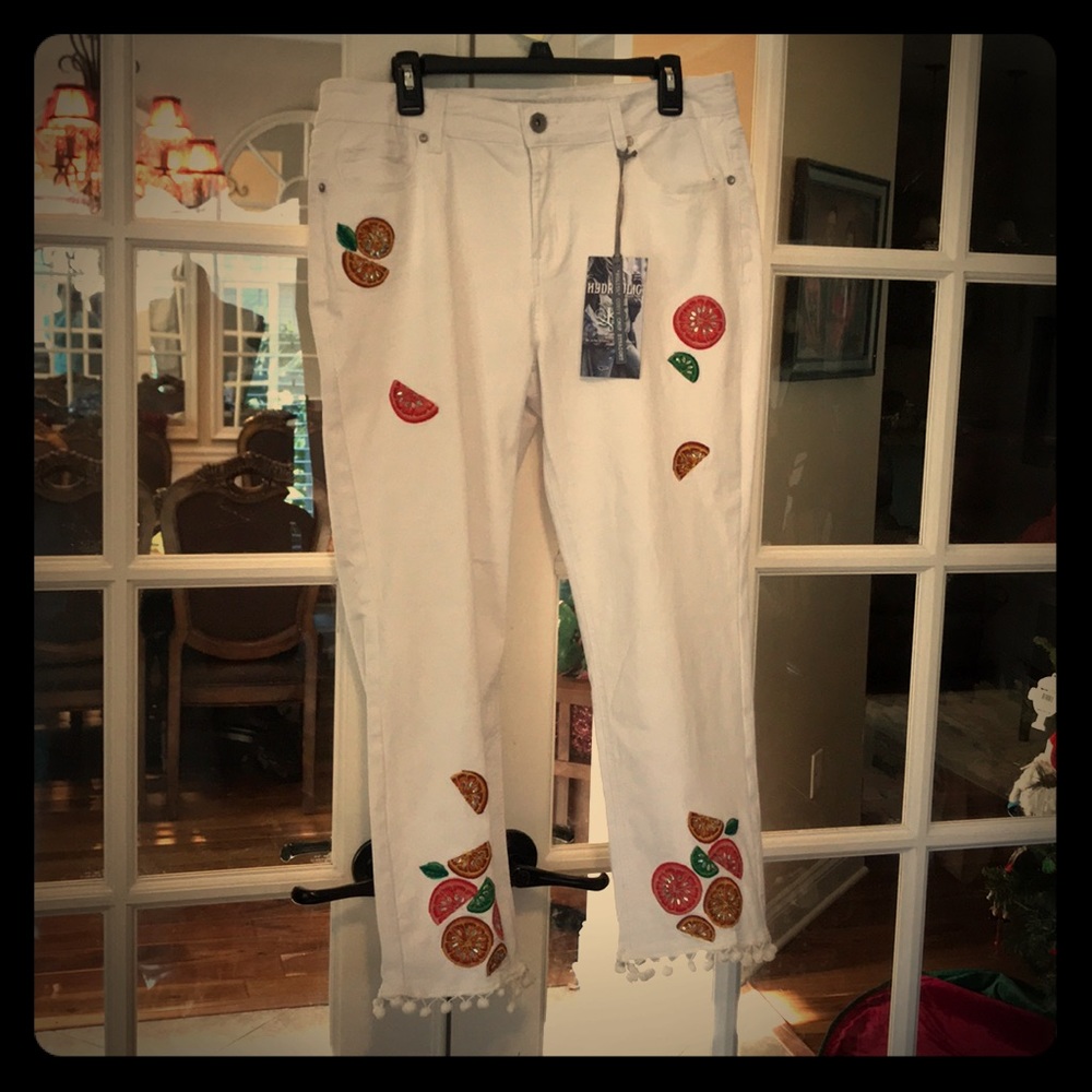 Hydraulic White Jeans with Citrus Patch Embellishments